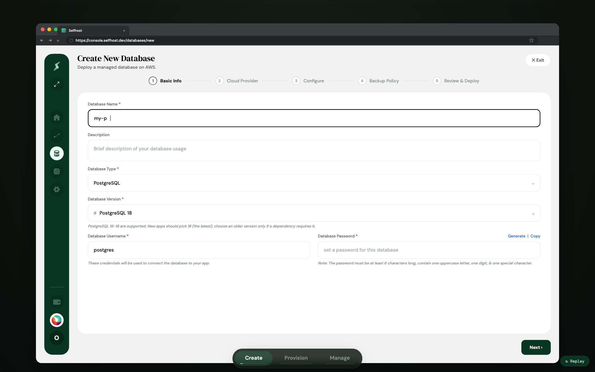 Still frame from the Selfhost.dev managed PostgreSQL walkthrough
