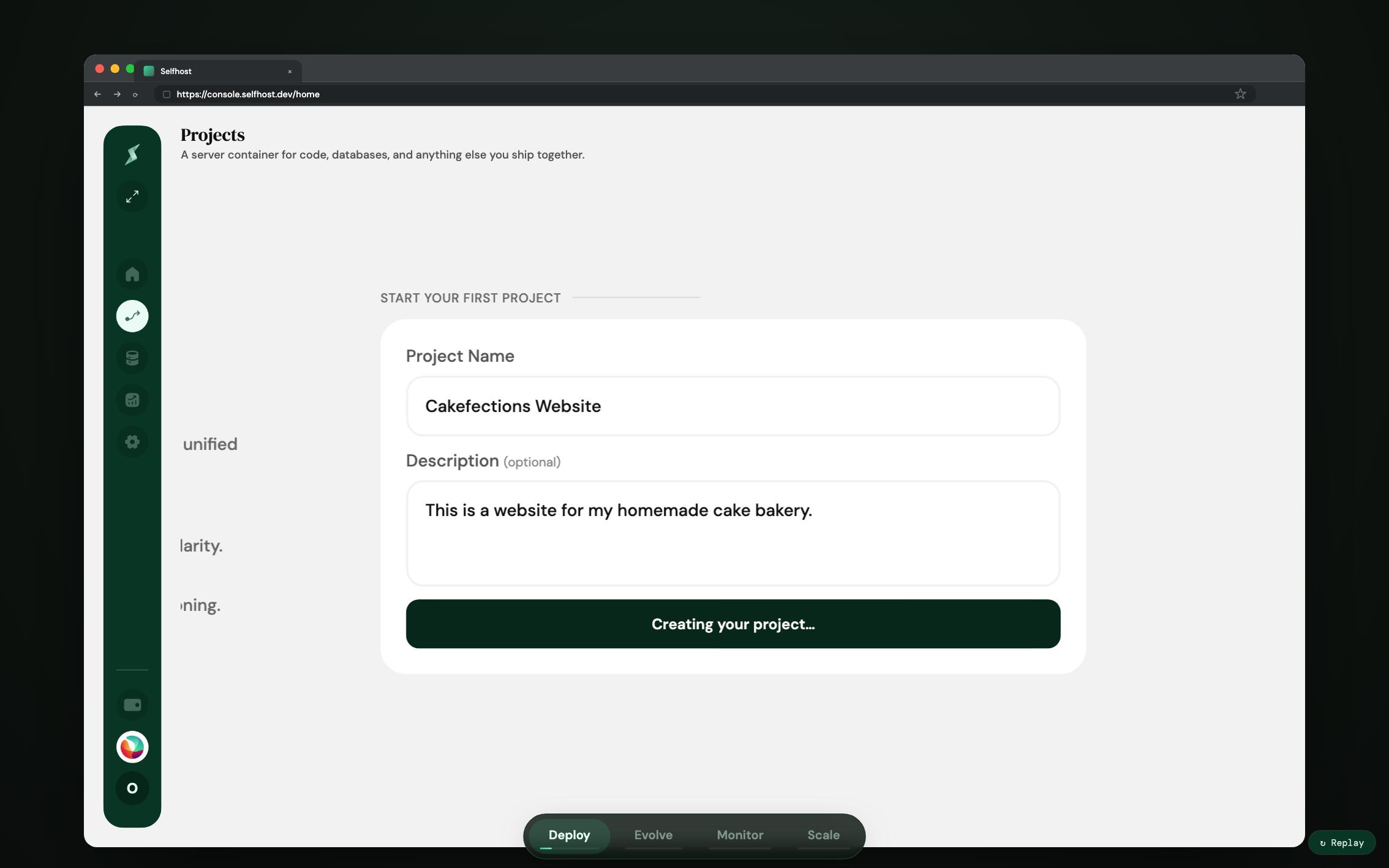 Selfhost.dev projects demo interface